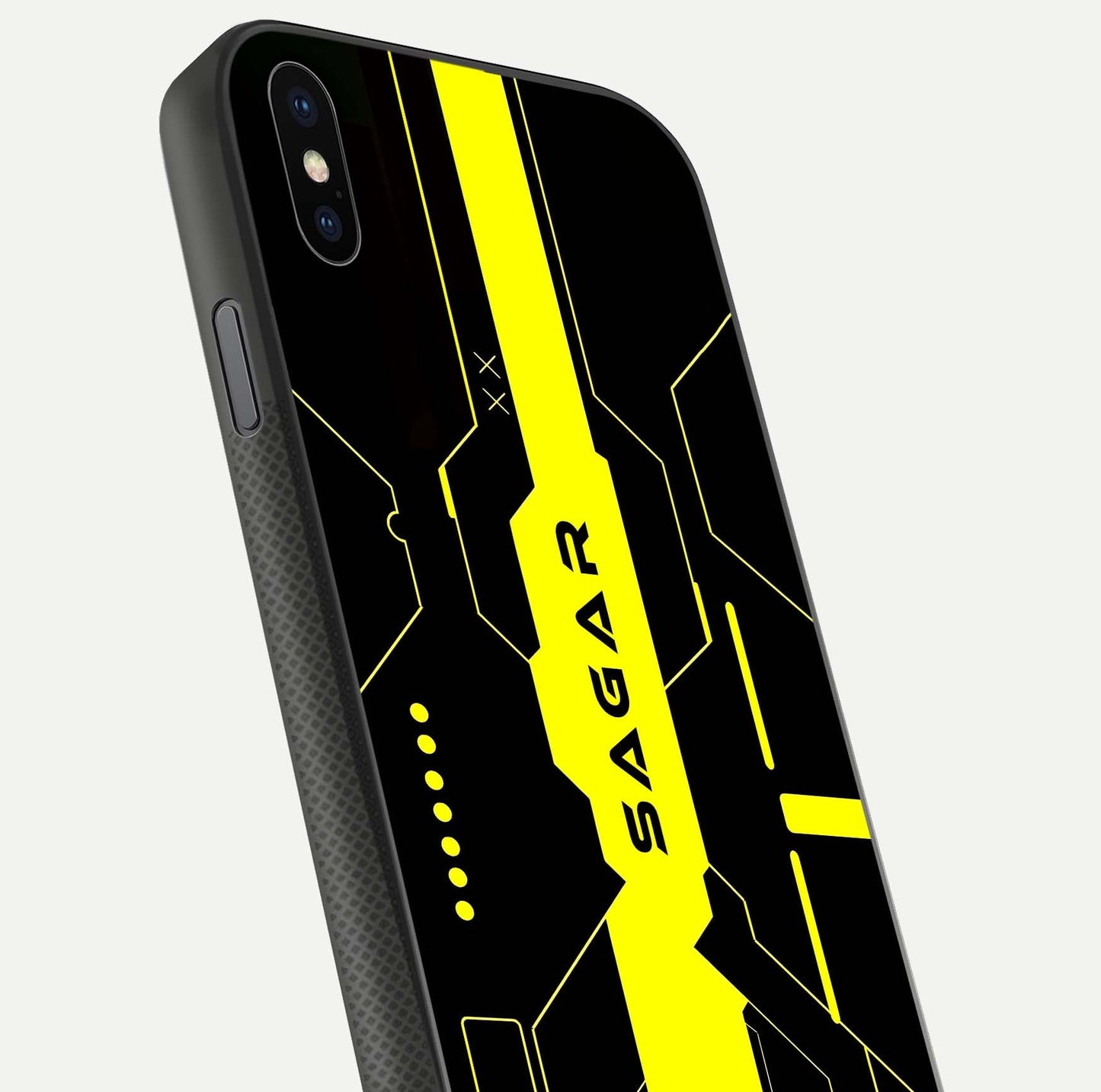 Neon CYBERPUNK Custom Name Glass Case for iPhone Xs close-up angled shot highlighting electric colors and reflection