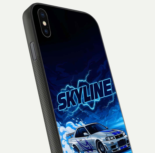 Neon Drift Beast Glass Case for iPhone Xs close-up angled shot highlighting glowing streaks and vivid reflection