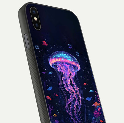 Neon Jellyfish Glass Case for iPhone Xs close-up angled shot showing translucent jellyfish and shine reflection