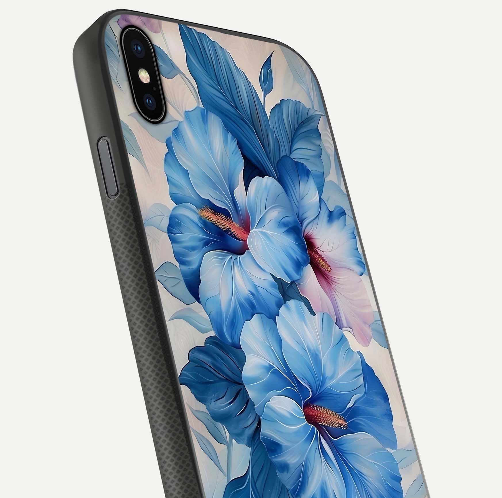 Ocean Hibiscus Grace Glass Case for iPhone Xs close-up angled shot highlighting floral glow and HD shine