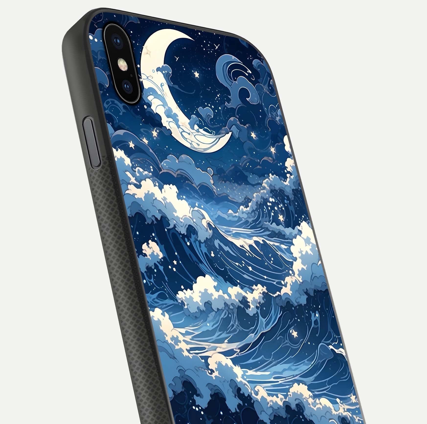 Ocean Moon Waves Glass Case for iPhone Xs close-up angled shot showing HD reflection and calm tones