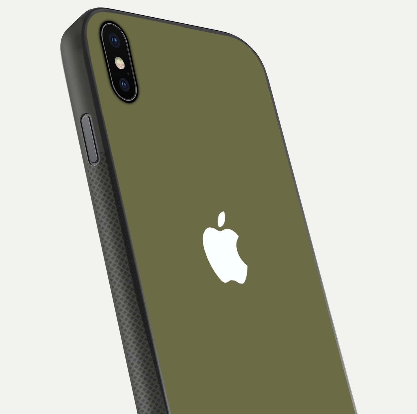 Olive Matte Essence Glass Case for iPhone Xs close-up angled shot showing soft reflection and minimal finish