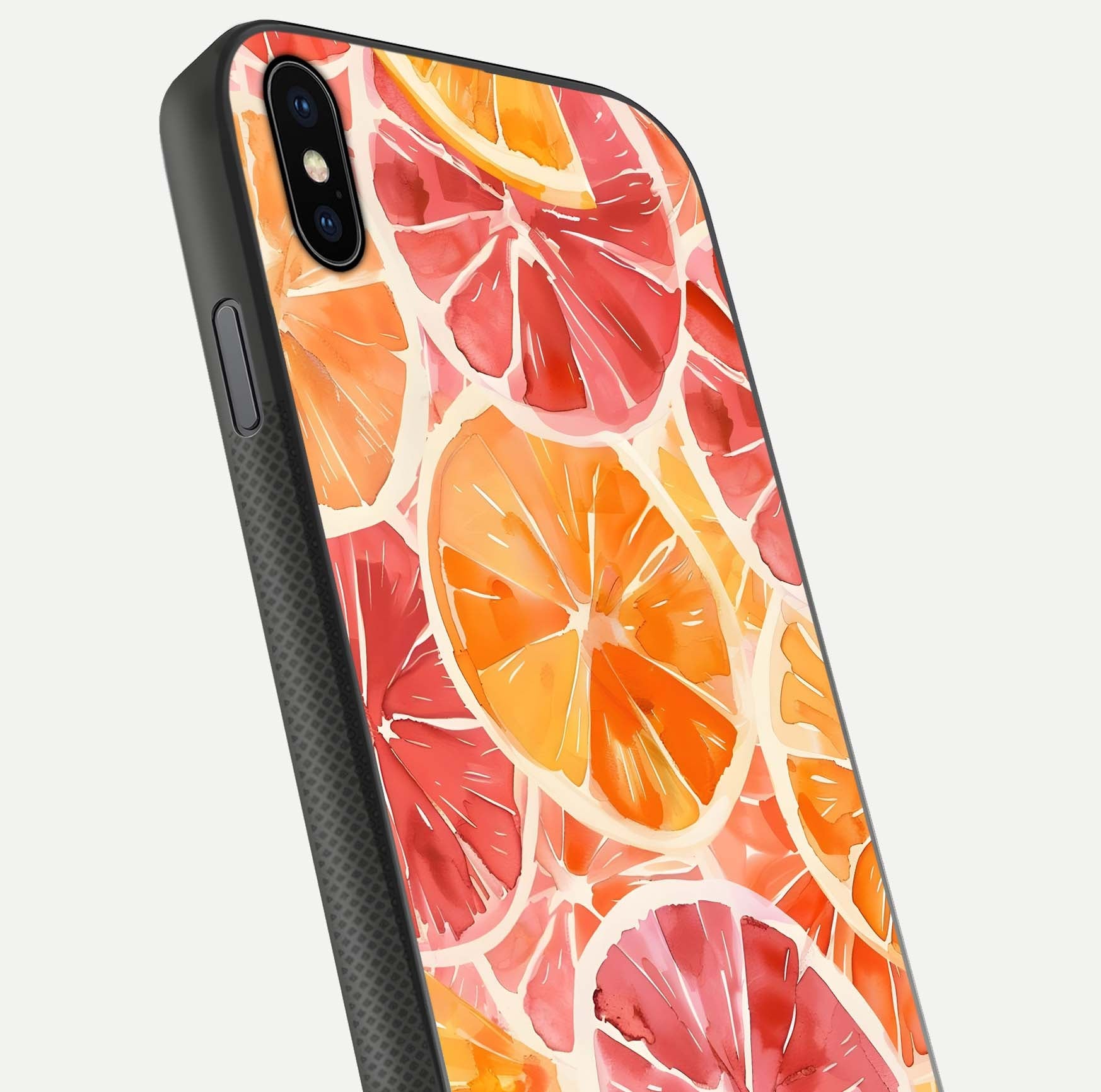 Orange Fruits Pattern Glass Case for iPhone Xs close-up angled shot showing juicy fruit texture and reflection