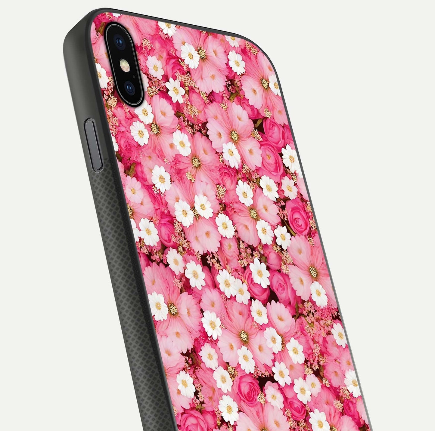 Pink Daisy Bliss Glass Case for iPhone Xs close-up angled shot highlighting daisy detail and reflection glow