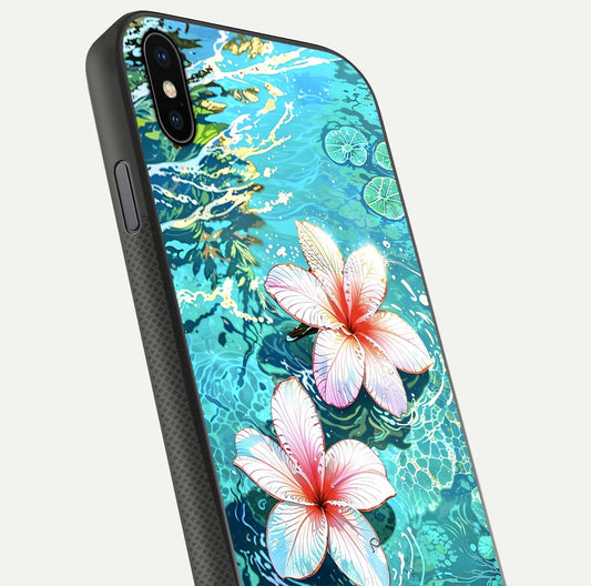 Pink Flowers in Water Glass Case for iPhone Xs close-up angled shot highlighting water ripple and reflection