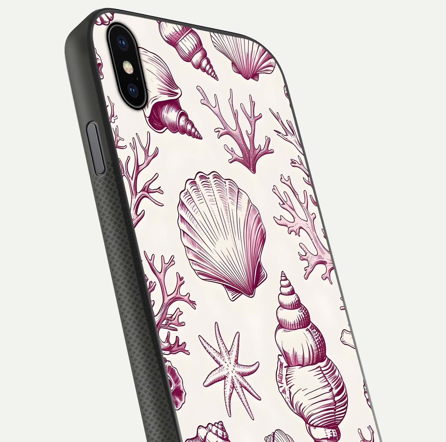 Pink Shells Outline Glass Case for iPhone Xs close-up angled shot showing fine shell lines and reflection