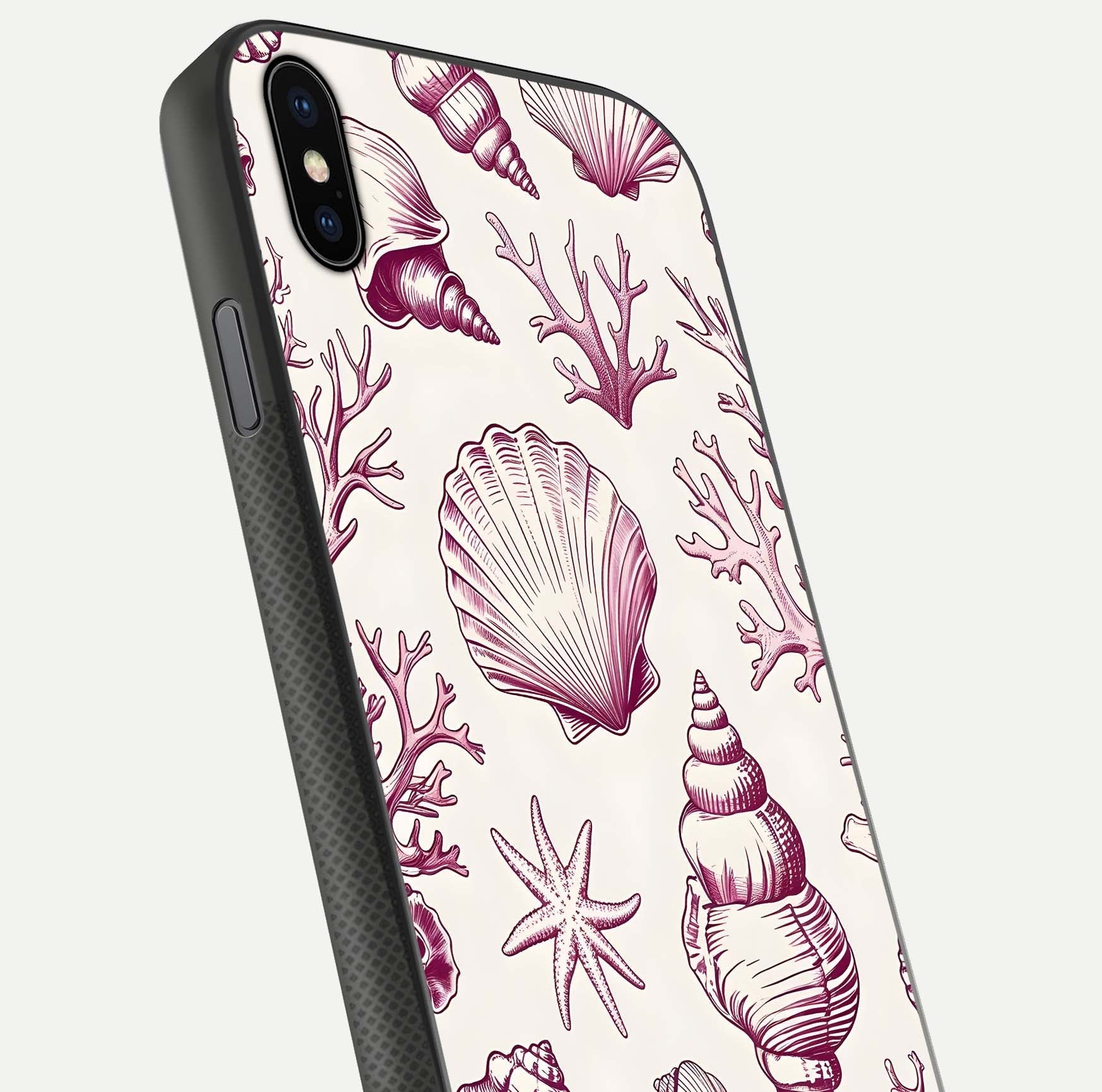 Pink Shells Outline Glass Case for iPhone Xs close-up angled shot showing fine shell lines and reflection