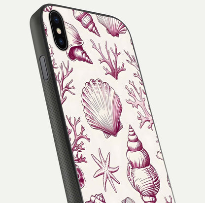 Pink Shells Outline Glass Case for iPhone Xs close-up angled shot showing fine shell lines and reflection