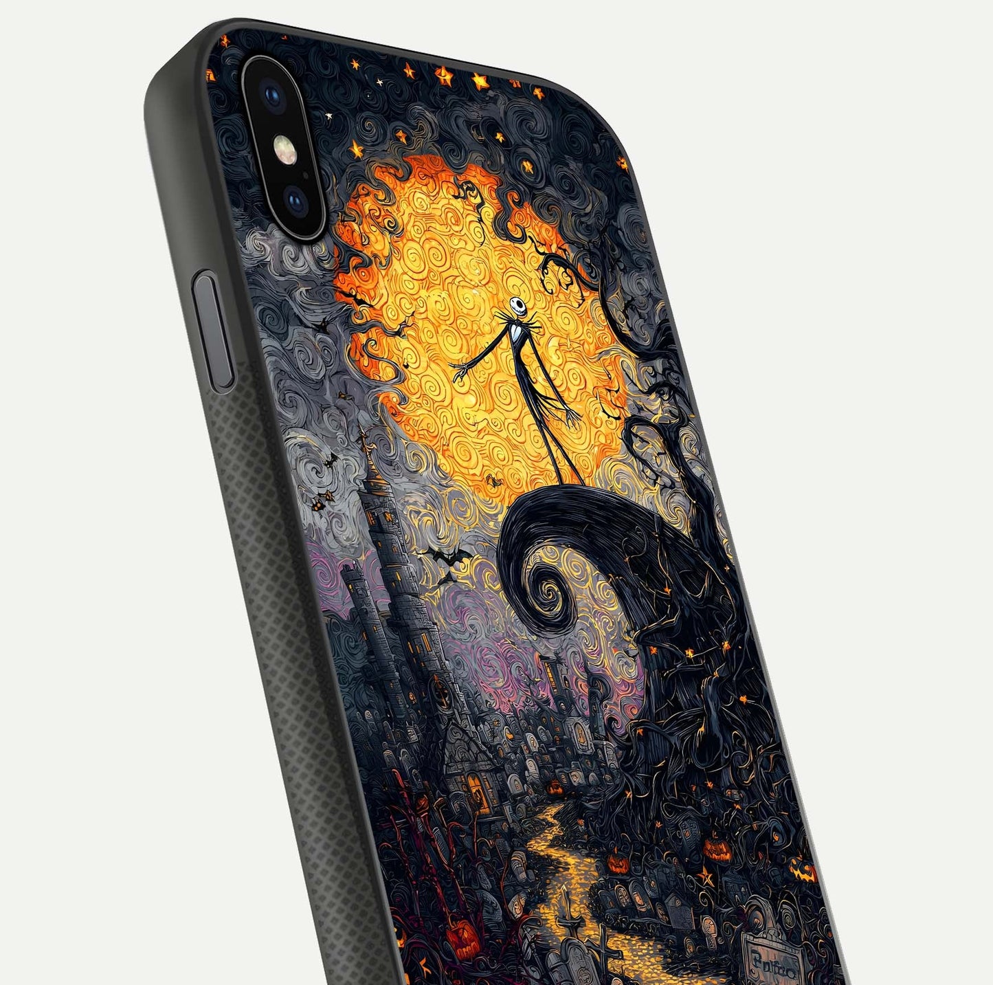 Pumpkin Moon Night Glass Case for iPhone Xs close-up angled shot showing moon reflection and Halloween glow