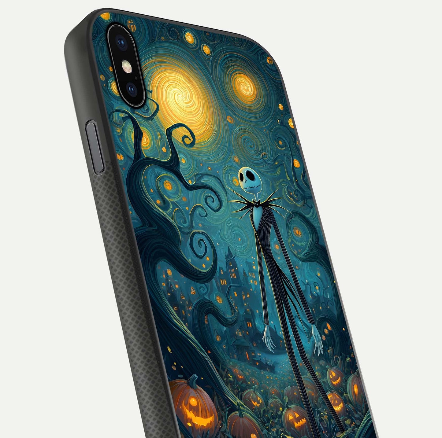 Pumpkin Moonlight Tale Glass Case for iPhone Xs close-up angled shot highlighting reflection and vibrant glow
