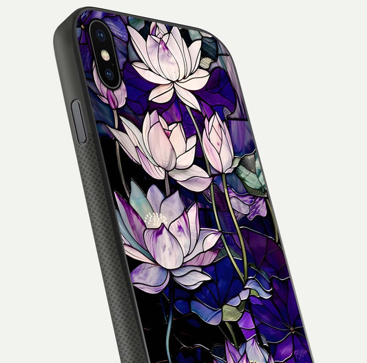 Purple Lotus Pattern Glass Case for iPhone Xs close-up angled shot showing petal texture and HD reflection