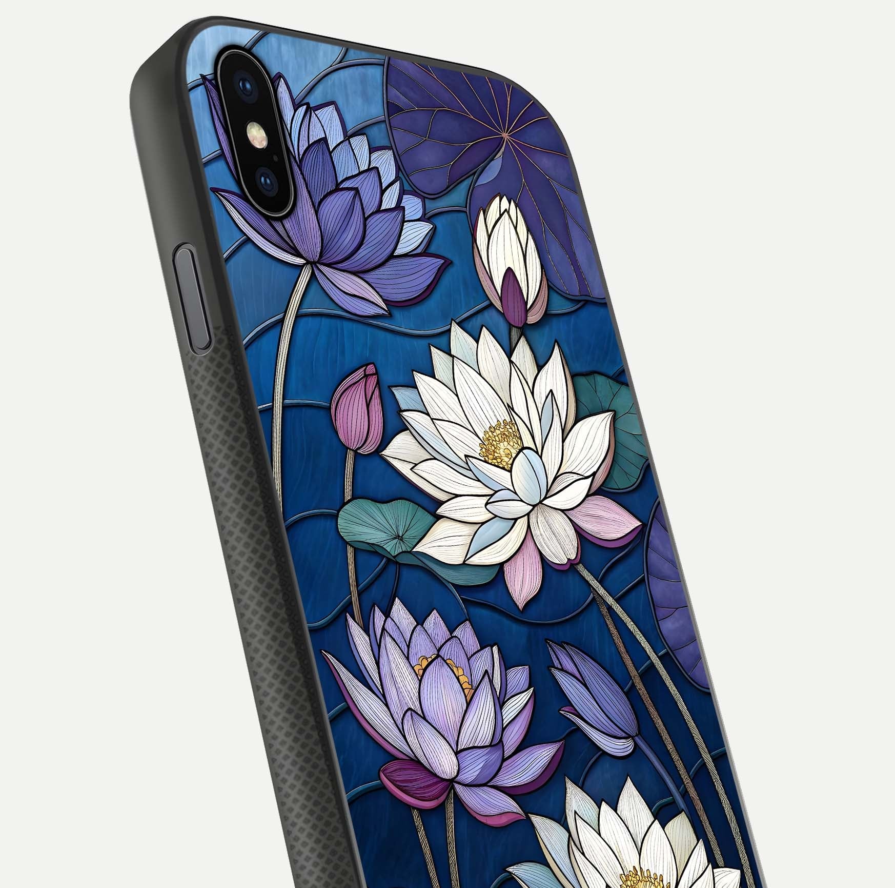 Purple Lotus Stained Glass Case for iPhone Xs close-up angled shot highlighting glass pattern and reflection