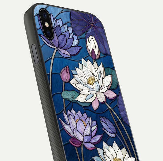 Purple Lotus Stained Glass Case for iPhone Xs close-up angled shot highlighting glass pattern and reflection