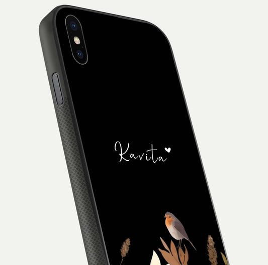 Quiet Garden Tune Custom Name Glass Case for iPhone Xs close-up angled shot showing soft tones and gloss reflection