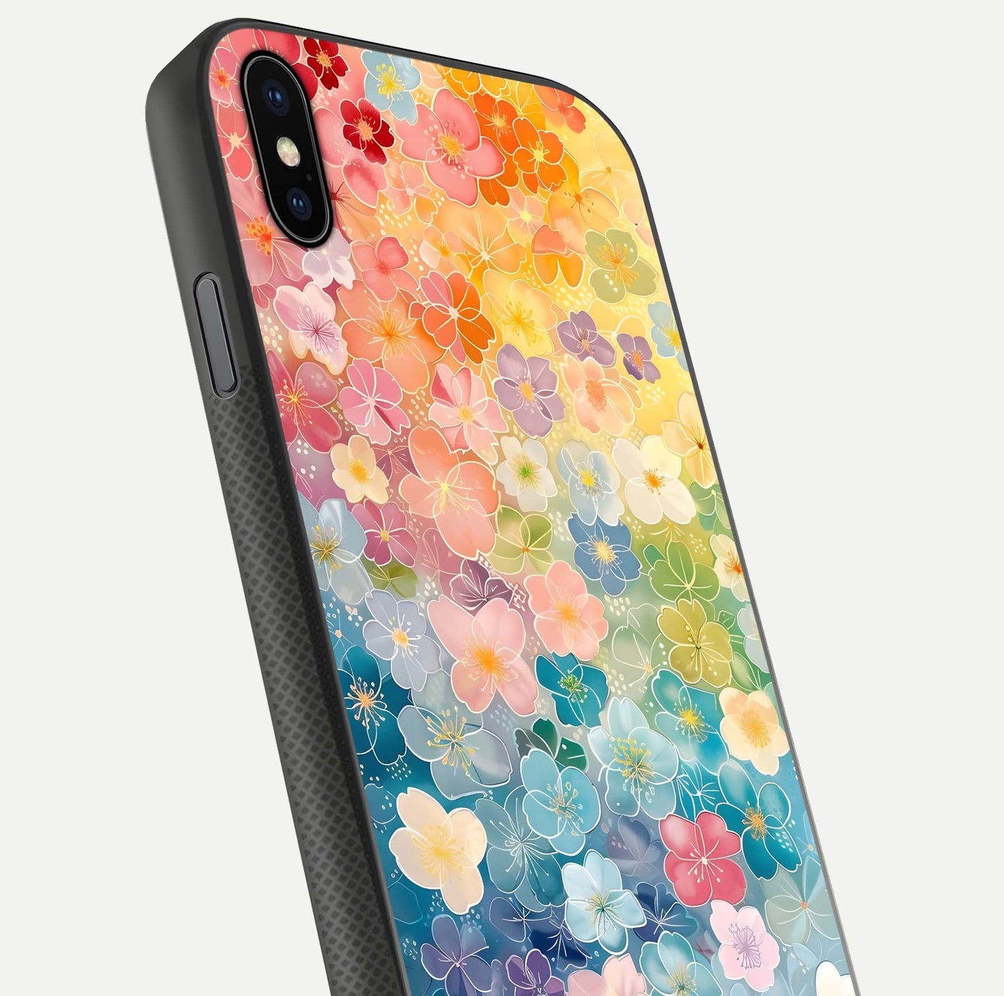 Rainbow Blossom Burst Glass Case for iPhone Xs close-up angled shot showing petal colors and reflection