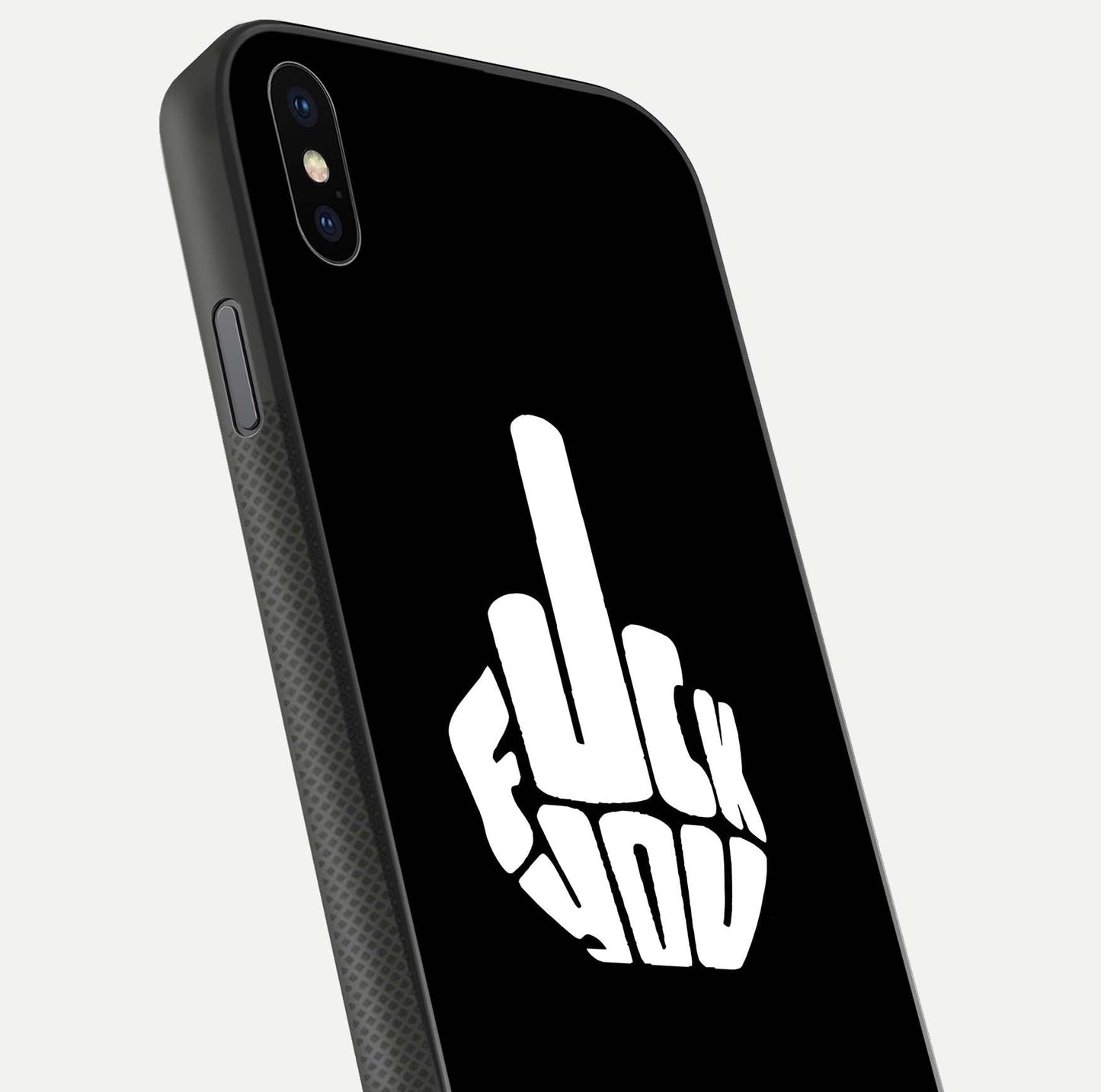 Rebel Mode On Glass Case for iPhone Xs close-up angled shot highlighting reflective text and sharp design
