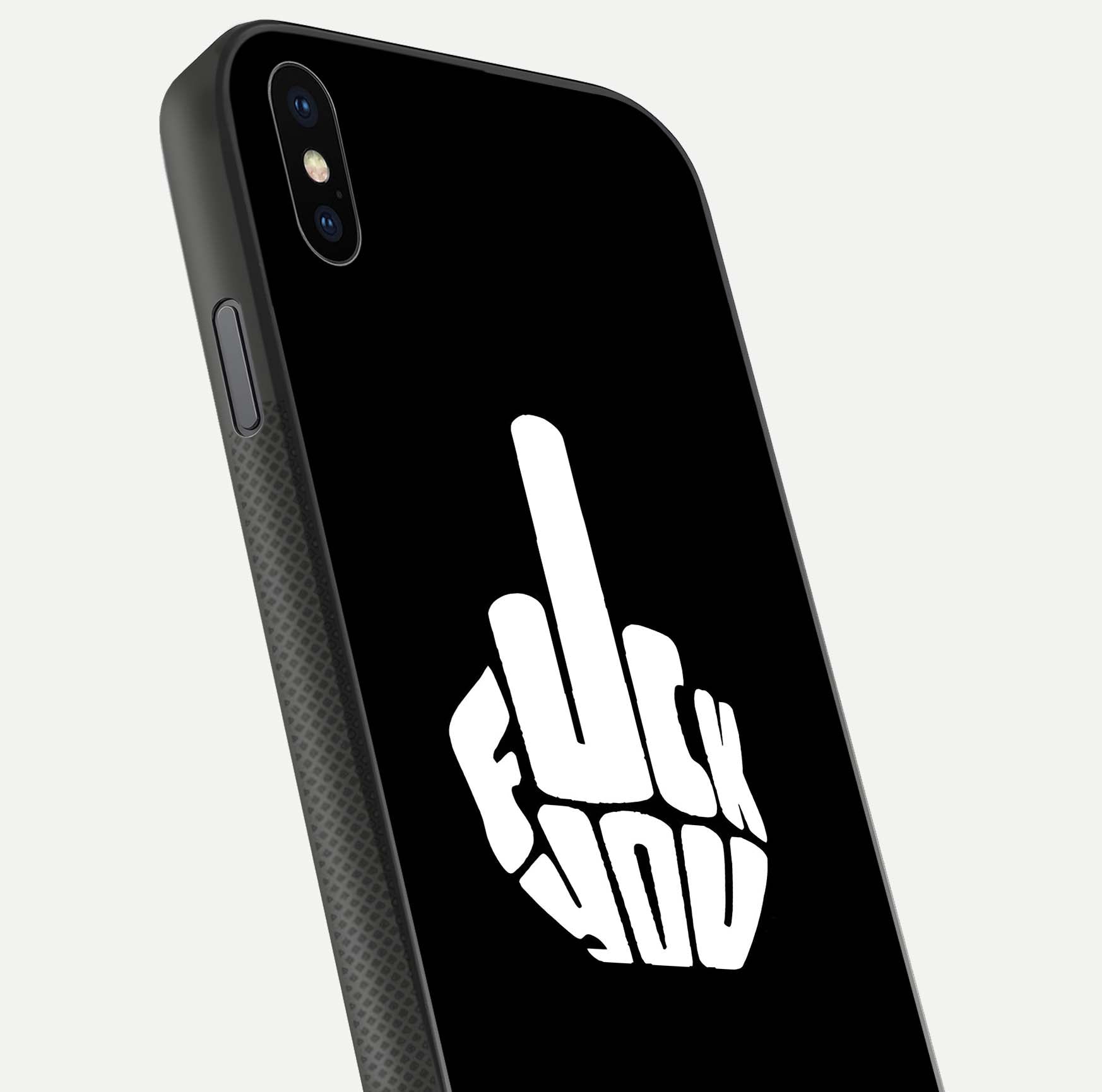 Rebel Mode On Glass Case for iPhone Xs close-up angled shot highlighting reflective text and sharp design