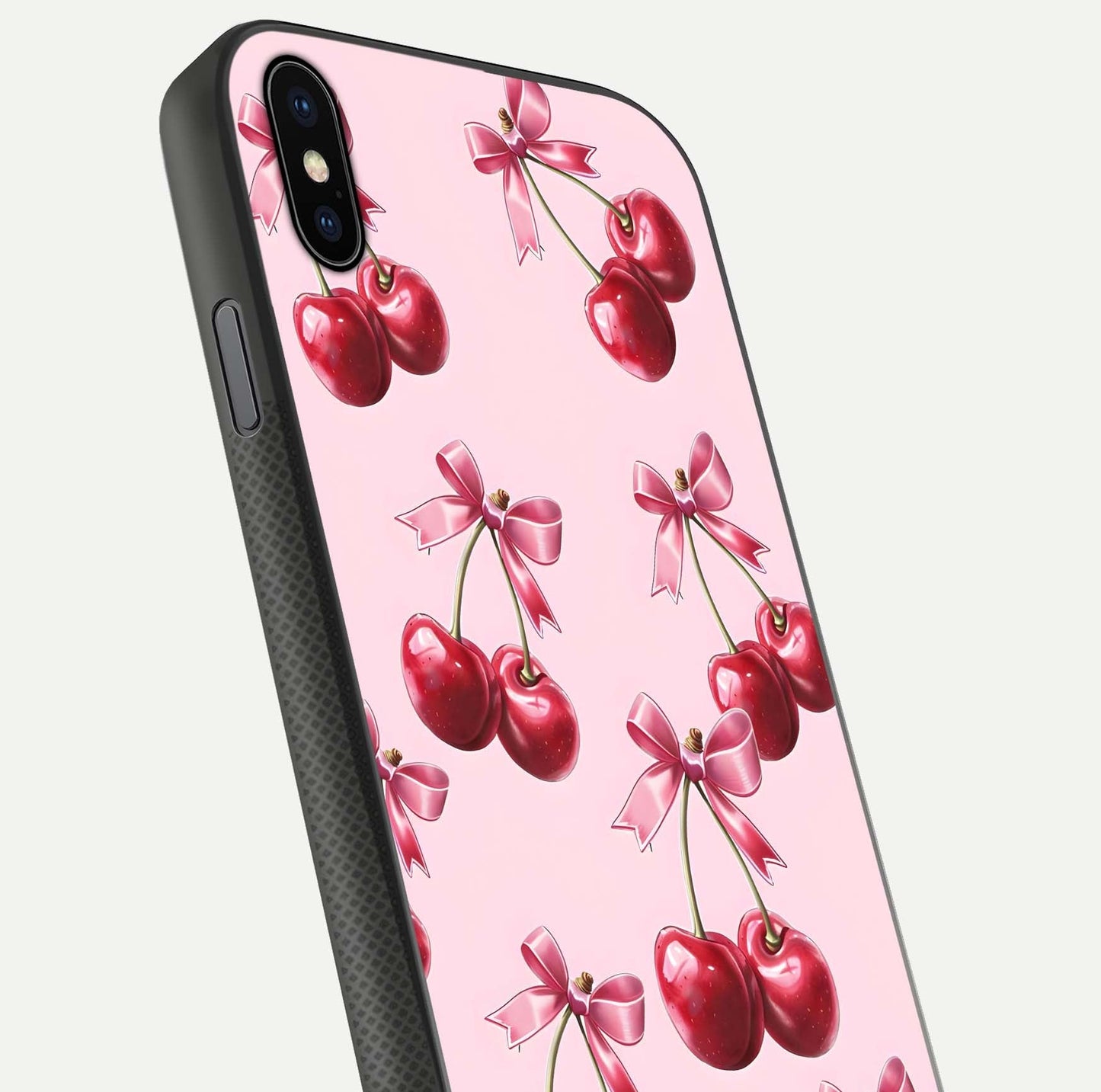 Red Cherries Pattern Glass Case for iPhone Xs close-up angled shot showing cherry details and HD reflection