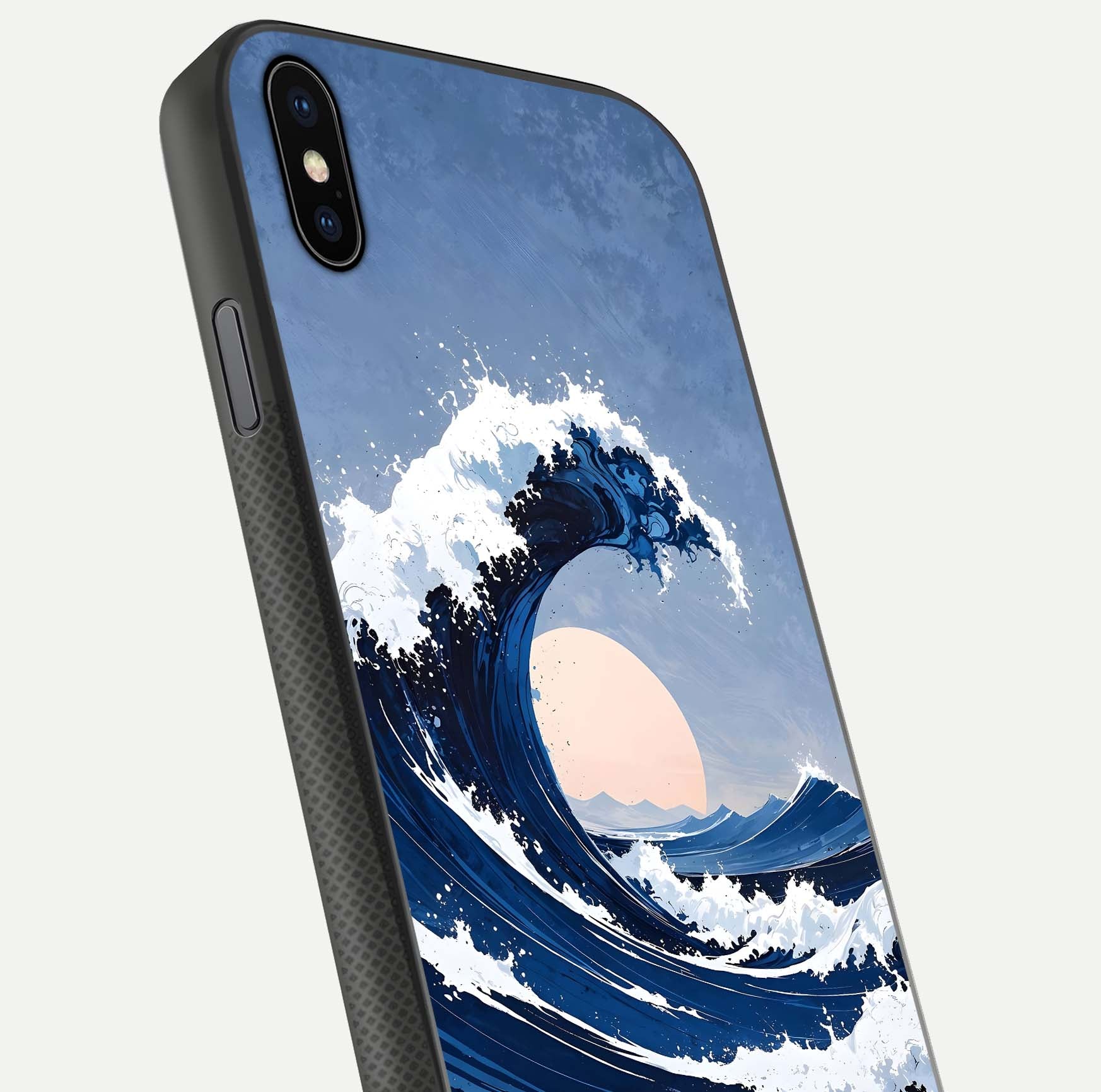 Rising Tide Power Glass Case for iPhone Xs close-up angled shot highlighting water motion and reflection