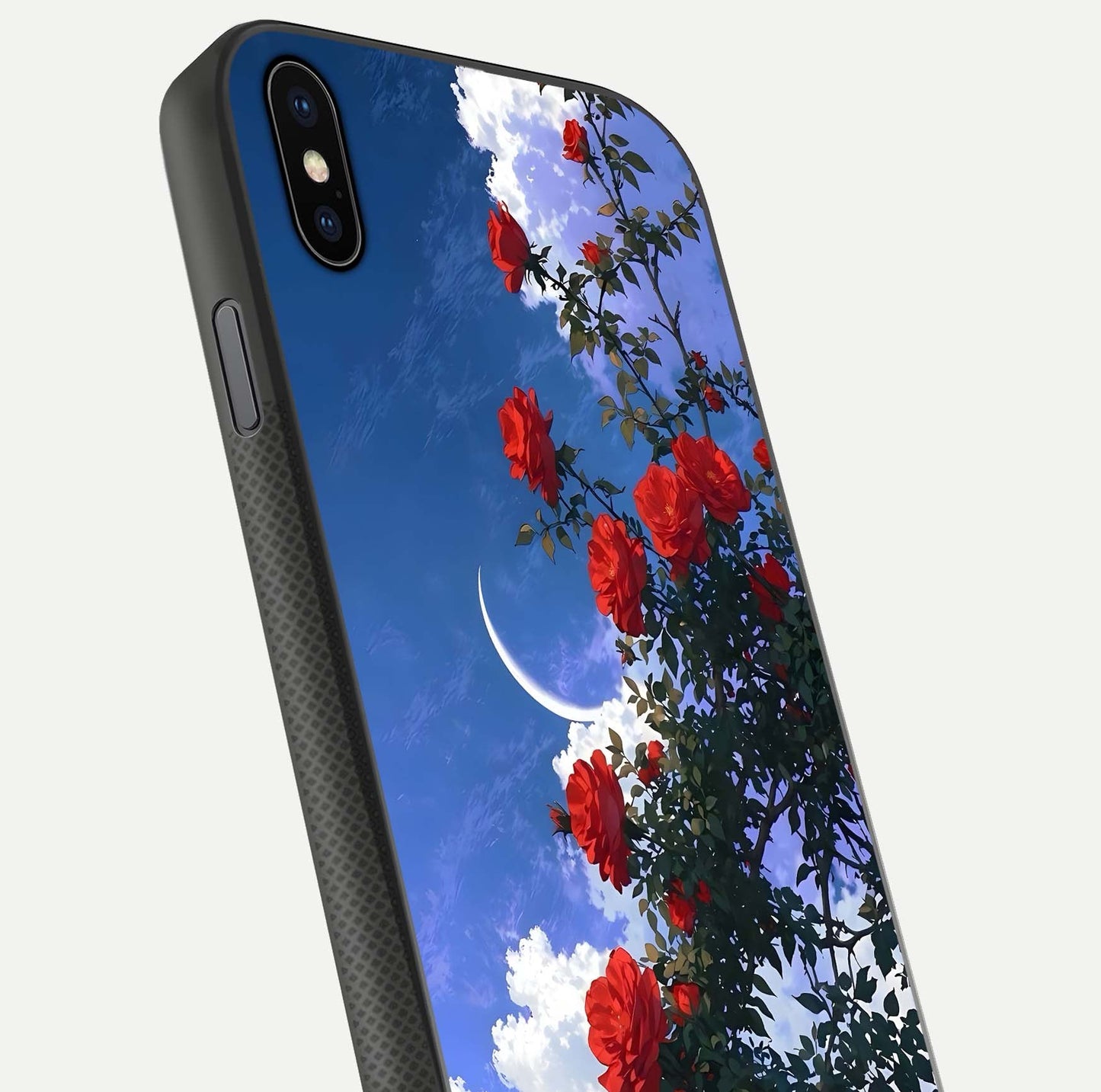 Rose Drift Flowers Glass Case for iPhone Xs close-up angled shot highlighting floral texture and reflection