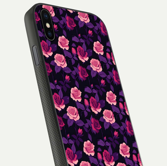 Rose Garden Twilight Glass Case for iPhone Xs close-up angled shot highlighting rose contrast and reflection