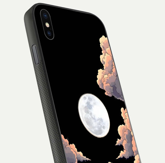 Shade Cloud Moon Glass Case for iPhone Xs close-up angled shot highlighting moon reflection and depth