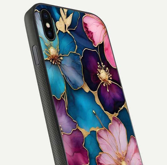 Sparkle Floral Glass Case for iPhone Xs close-up angled shot highlighting shimmer details and reflection