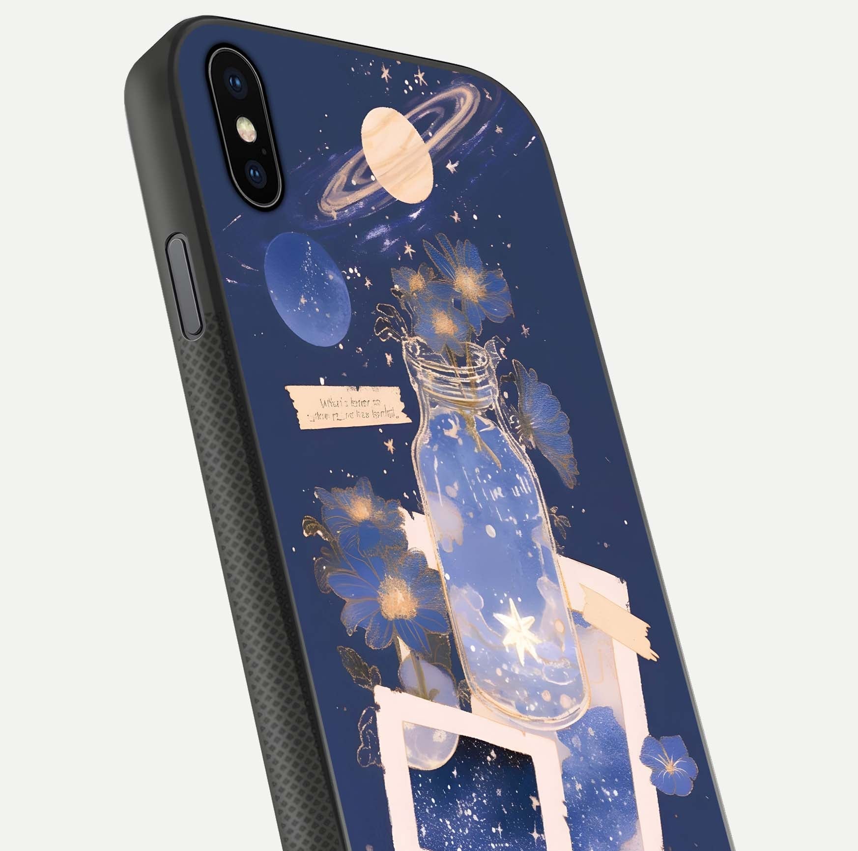 Starlit Cosmic Jar Glass Case for iPhone Xs close-up angled shot highlighting stars, reflections, and HD shine