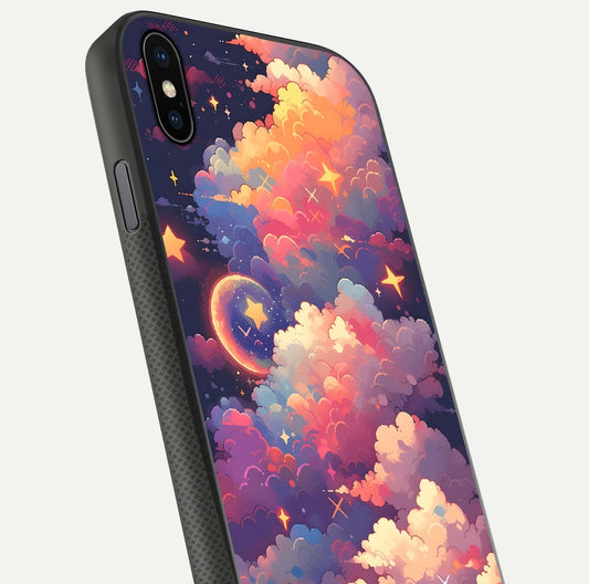 Starlit Dream Clouds Glass Case for iPhone Xs close-up angled shot highlighting cloud texture and reflection