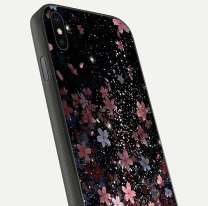Starlit Flower Dreams Glass Case for iPhone Xs close-up angled shot highlighting petal reflection and HD depth