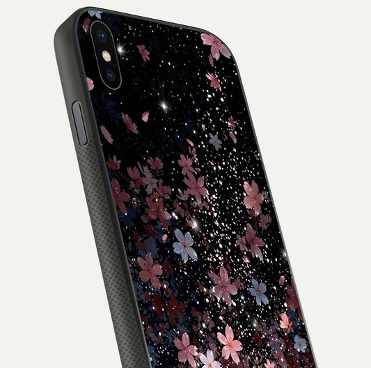 Starlit Flower Dreams Glass Case for iPhone Xs close-up angled shot highlighting petal reflection and HD depth