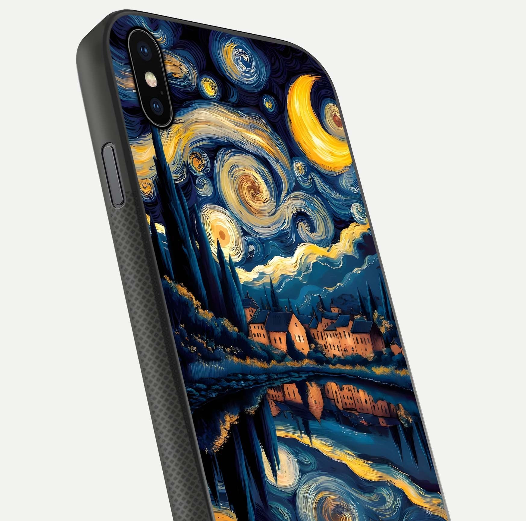 Starry Sky Serenity Glass Case for iPhone Xs close-up angled shot highlighting light reflection and blue hues