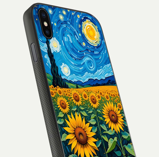 Starry Sunflower Dreams Glass Case for iPhone Xs close-up angled shot highlighting petal texture and gloss