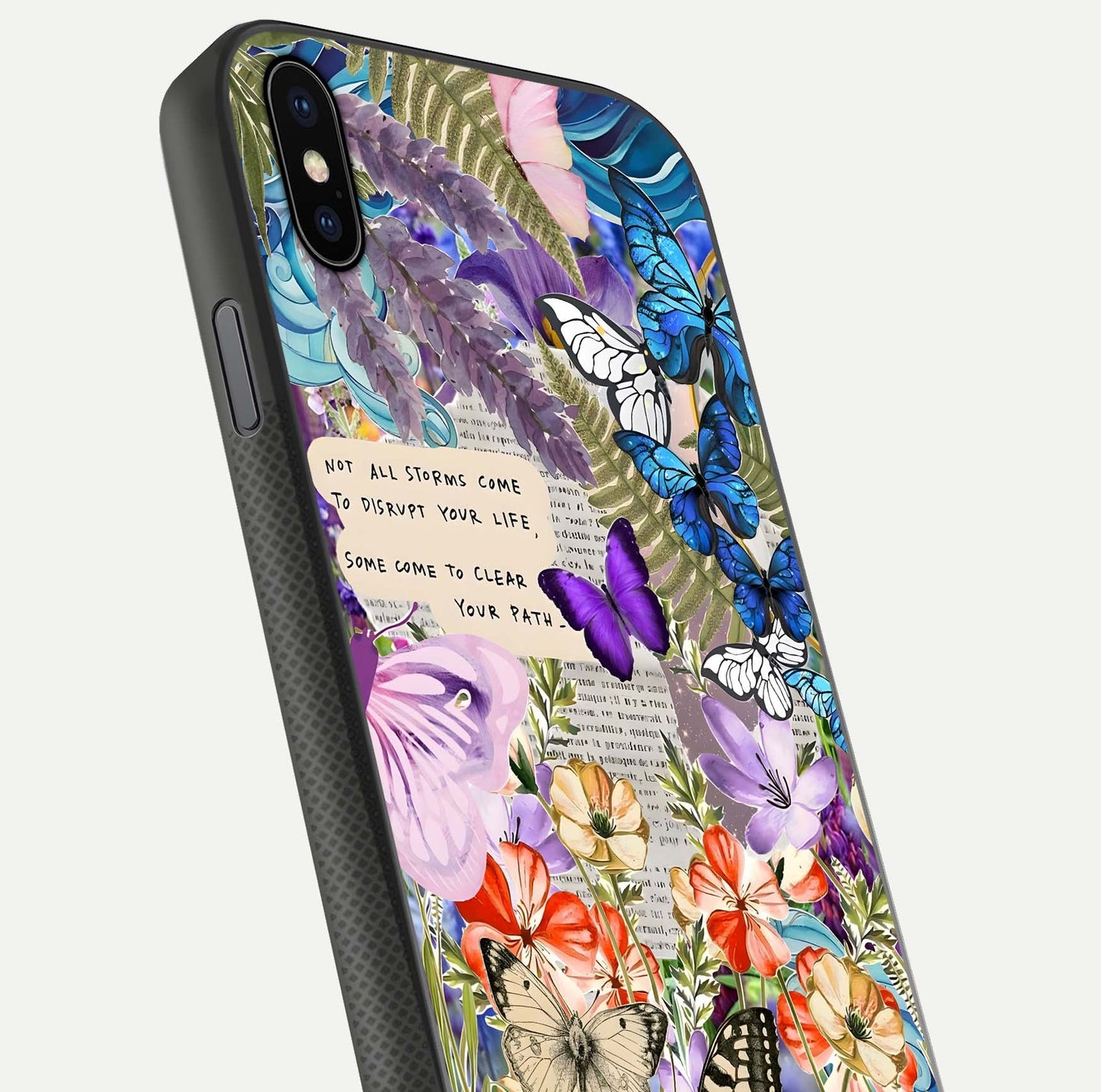 Storm Path Bloom Glass Case for iPhone Xs close-up angled shot highlighting bloom texture and reflection