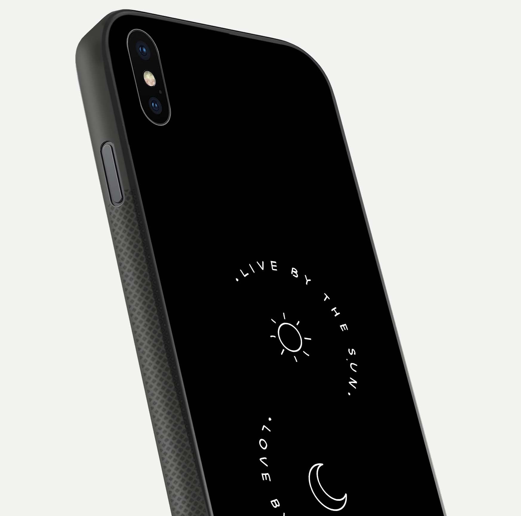 Sun Moon Balance Glass Case for iPhone Xs close-up angled shot highlighting cosmic art and HD reflection