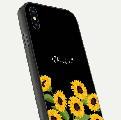 Sunflower Chic Mood Custom Name Glass Case for iPhone 16 Pro close-up angled shot showing HD sunflower pattern
