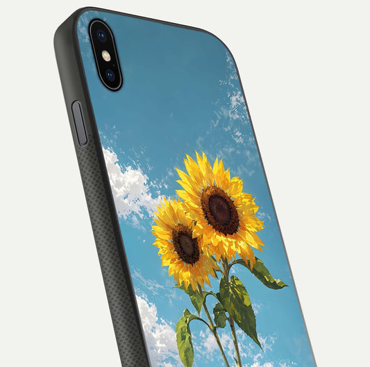 Sunflower Sky Bloom Glass Case for iPhone Xs close-up angled shot highlighting petal details and reflection