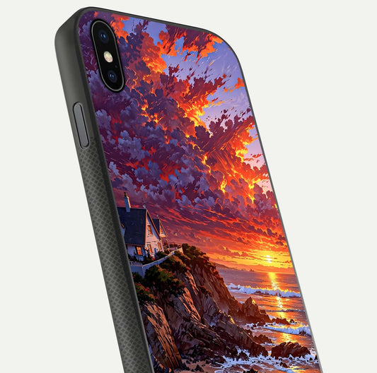 Sunset House by Sea Glass Case for iPhone Xs close-up angled shot highlighting sunset tones and water glow
