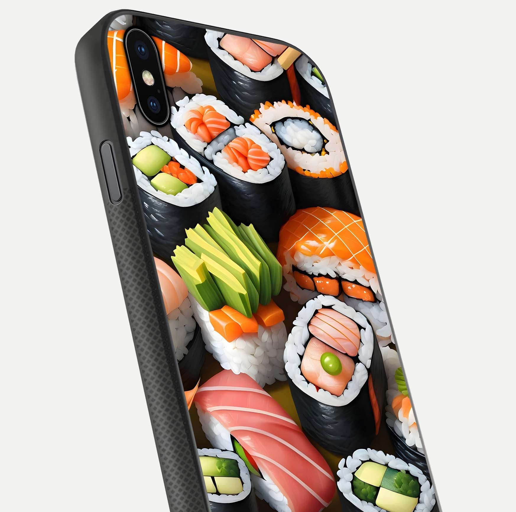 Sushi Food Pattern Glass Case for iPhone Xs close-up angled shot highlighting colorful sushi prints and reflection