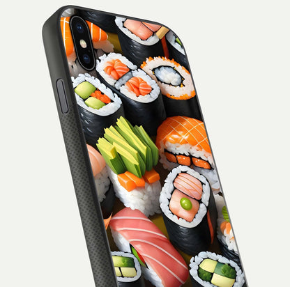 Sushi Food Pattern Glass Case for iPhone Xs close-up angled shot highlighting colorful sushi prints and reflection