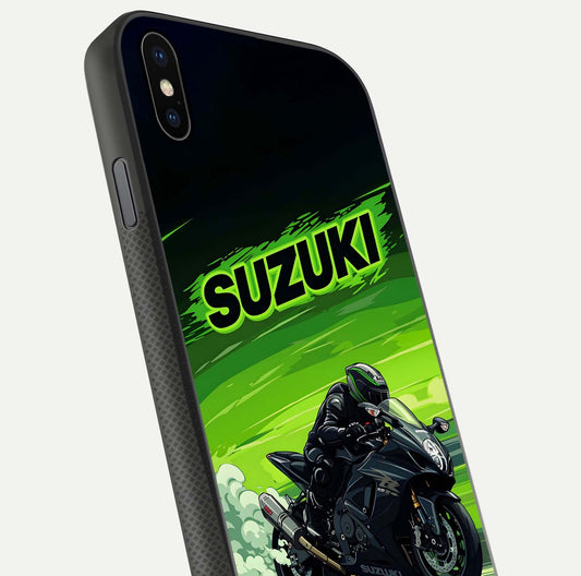 Suzuki Speed Beast Glass Case for iPhone Xs close-up angled shot highlighting bold tones and reflection