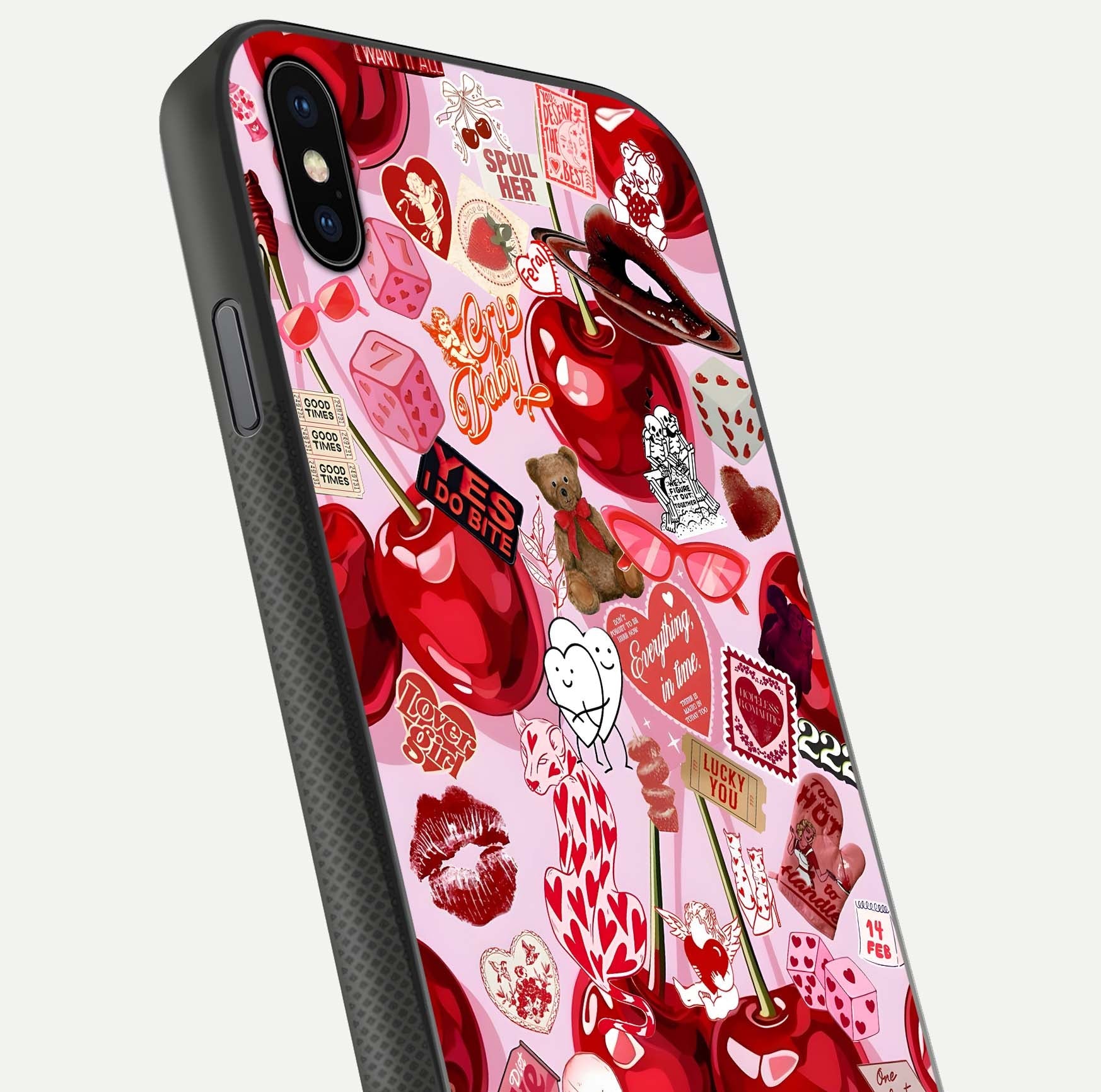 Sweet Cherry Chaos Glass Case for iPhone Xs close-up angled shot highlighting red tone contrast and reflection