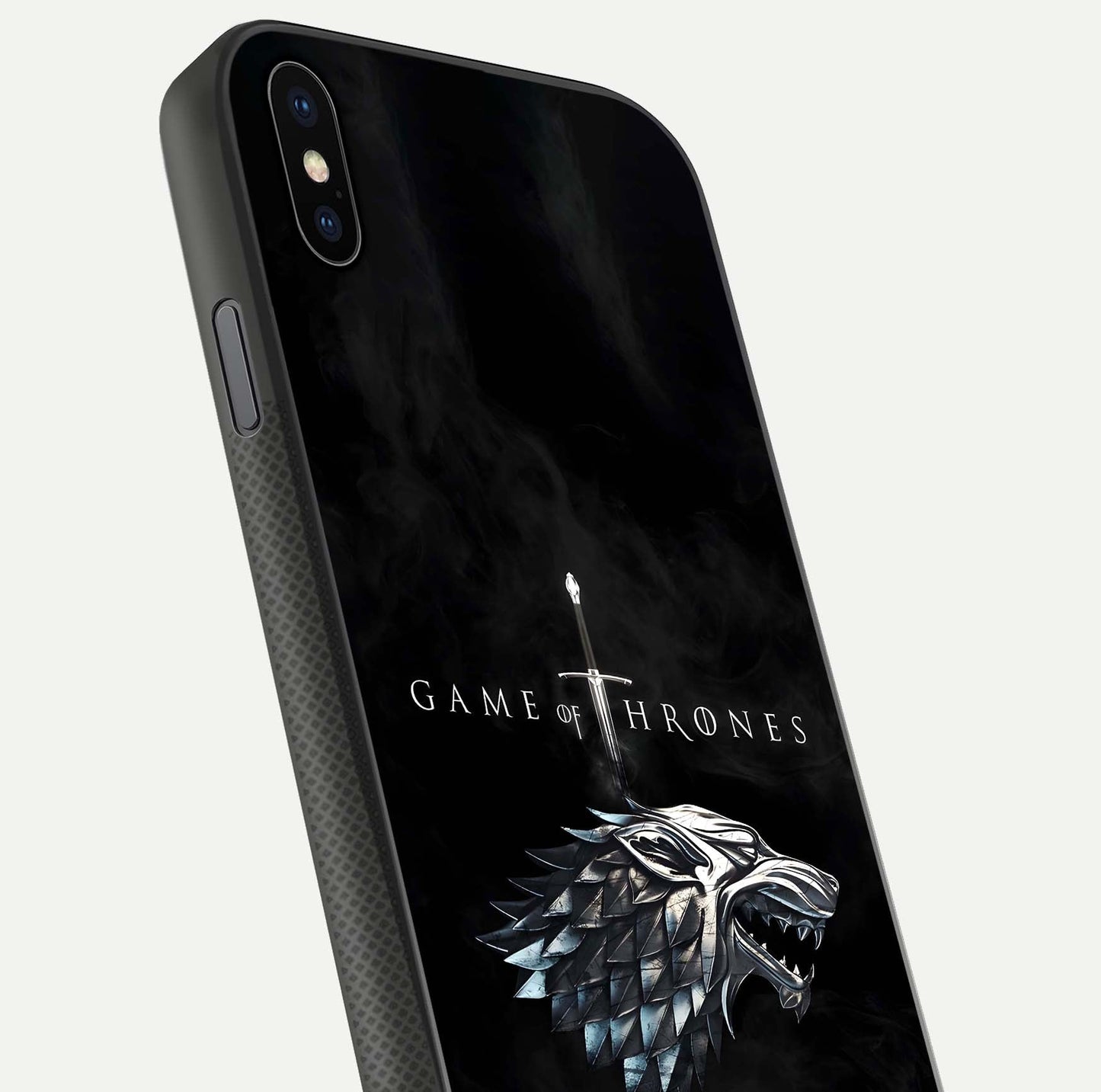 Throne Wolf Legacy Glass Case for iPhone Xs close-up angled shot highlighting fur texture and reflection