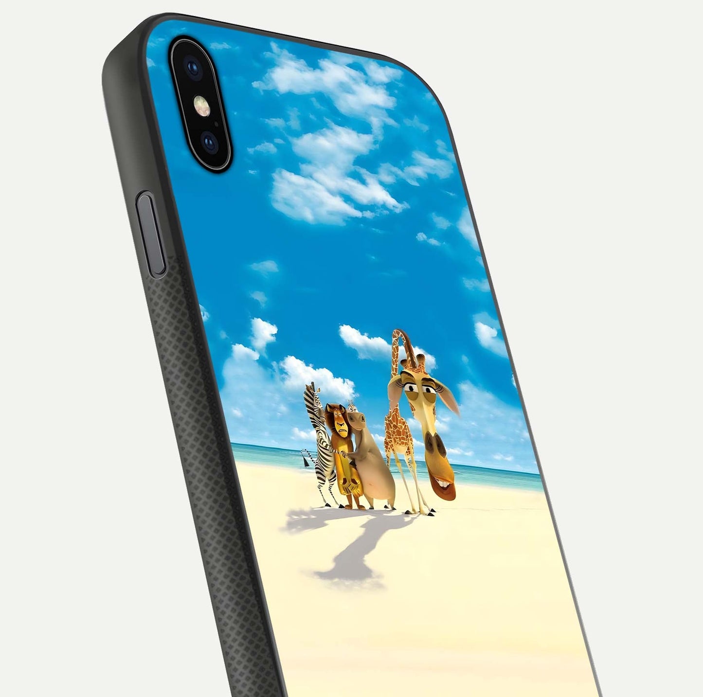 Tropical Fun Squad Glass Case for iPhone Xs close-up angled shot highlighting vibrant tones and texture