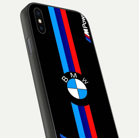 Turbo BMW Beast Glass Case for iPhone Xs close-up angled shot highlighting car detailing and reflection