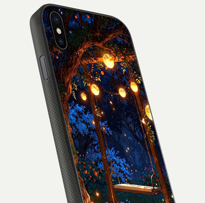 Twilight Garden Swing Glass Case for iPhone Xs close-up angled shot highlighting floral tones and reflection