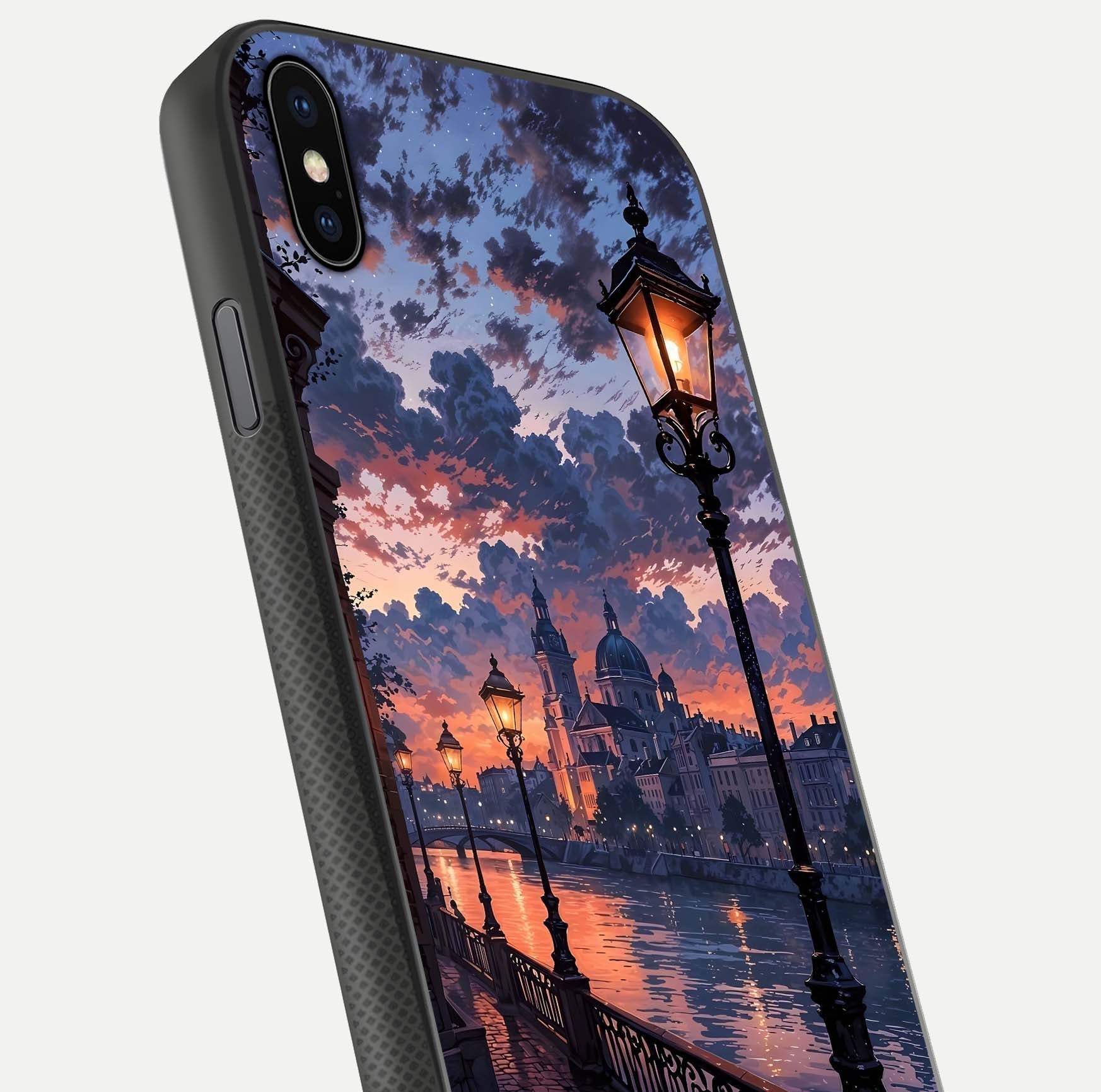 Twilight River Lights Glass Case for iPhone Xs close-up angled shot highlighting river reflections and color tones