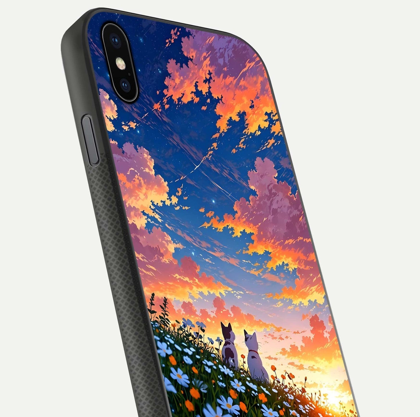 Two Cats Friends Glass Case for iPhone Xs close-up angled shot highlighting cat illustrations and soft reflection