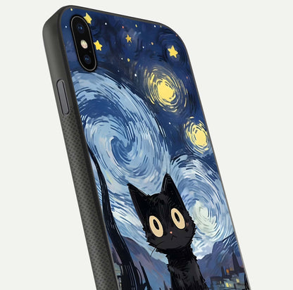 Van Gogh Cat Glass Case for iPhone Xs close-up angled shot highlighting brushstroke texture and reflection