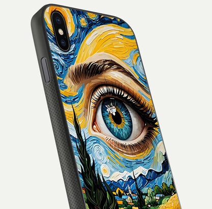 Van Gogh Eye Glass Case for iPhone 16 Pro close-up angled shot highlighting color blend and gloss reflection